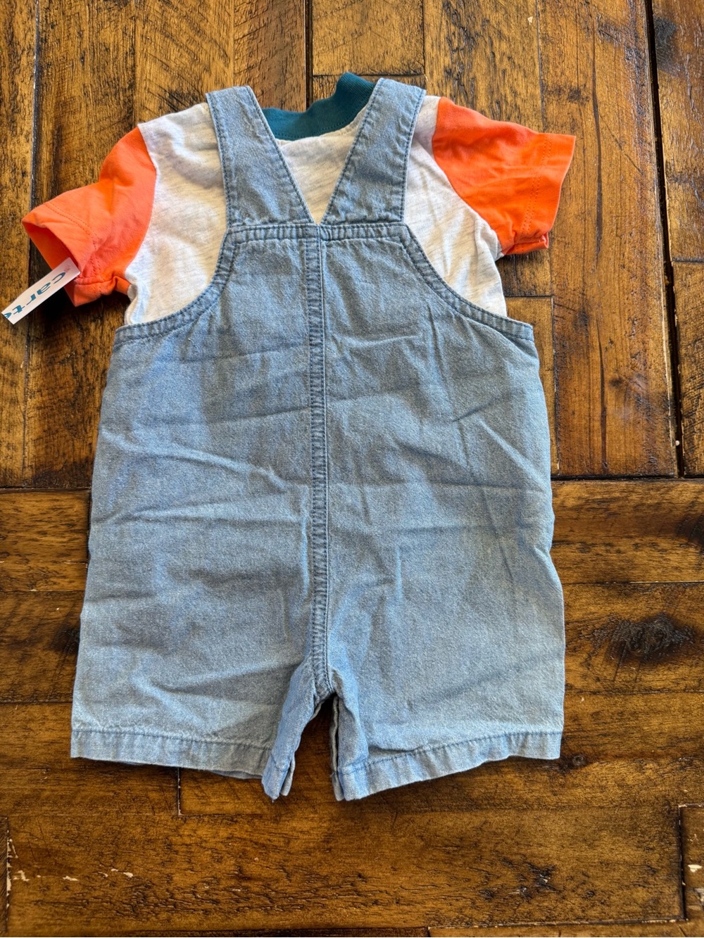 Carters Light Blue Denim Shortall with Orange Sleeve Tee 3M - Picture 2 of 4